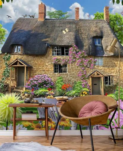 colourful custom cottage wallpaper mural called Bakers Cottage by Howard Robinson for care homes