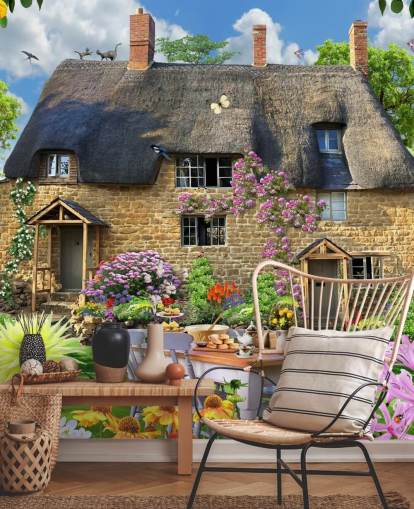mural colorido de papel de parede de chalé personalizado chamado Bakers Cottage de Howard Robinson para casas de repouso mural colorido de papel de parede de chalé personalizado chamado Bakers Cottage de Howard Robinson para casas de repouso