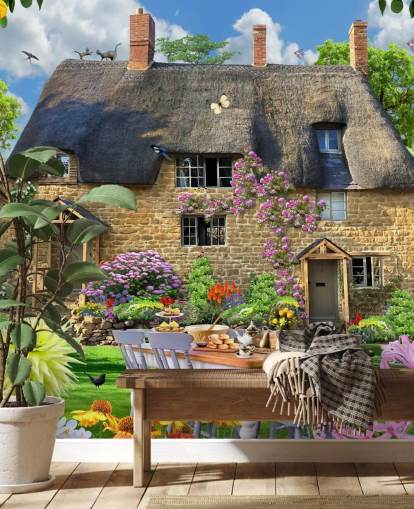 kleurrijke op maat gemaakte cottage-behangmuurschildering genaamd Bakers Cottage van Howard Robinson voor verzorgingstehuizen