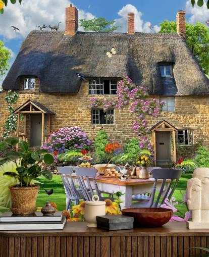 colorful custom cottage wallpaper mural called Bakers Cottage by Howard Robinson for care homes