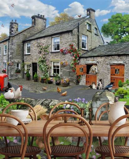 colourful customisable cottage wallpaper mural called Farmyard by Howard Robinson for care homes