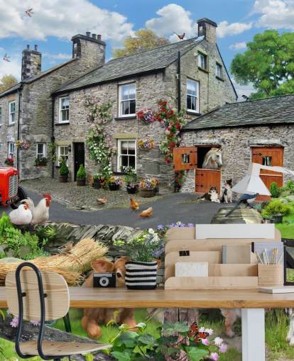 colorful customizable cottage wallpaper mural called Farmyard by Howard Robinson for care homes