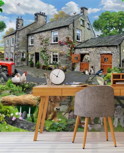 colorful customizable cottage wallpaper mural called Farmyard by Howard Robinson for care homes