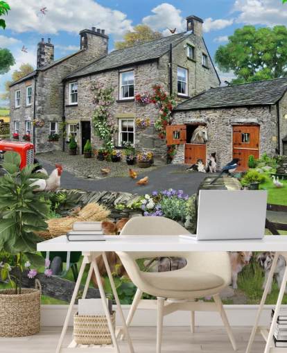 colourful customisable cottage wallpaper mural called Farmyard by Howard Robinson for care homes