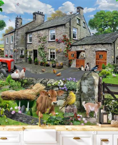 mural colorido de papel de parede de chalé personalizável chamado Farmyard, de Howard Robinson, para casas de repouso mural colorido de papel de parede de chalé personalizável chamado Farmyard, de Howard Robinson, para casas de repouso