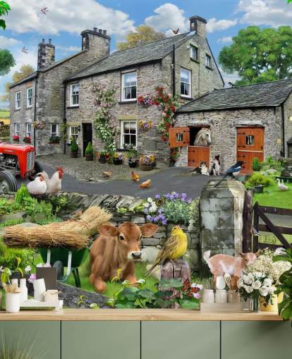 Buntes, individuell gestaltbares Cottage-Tapeten-Wandbild namens Farmyard von Howard Robinson für Pflegeheime