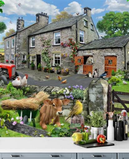 colorful customizable cottage wallpaper mural called Farmyard by Howard Robinson for care homes
