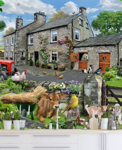 colorido mural de papel pintado de cabaña personalizable llamado Farmyard de Howard Robinson para residencias de ancianos