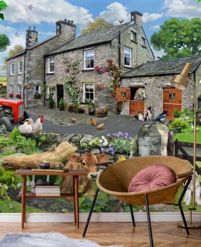 colorful customizable cottage wallpaper mural called Farmyard by Howard Robinson for care homes