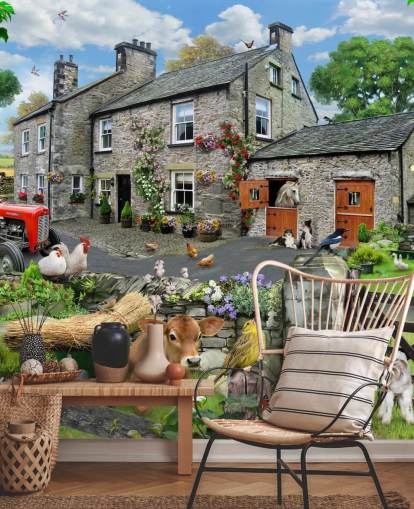 colourful customisable cottage wallpaper mural called Farmyard by Howard Robinson for care homes