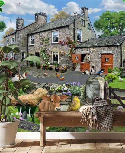 colorful customizable cottage wallpaper mural called Farmyard by Howard Robinson for care homes