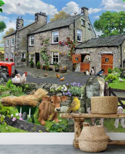 colorful customizable cottage wallpaper mural called Farmyard by Howard Robinson for care homes