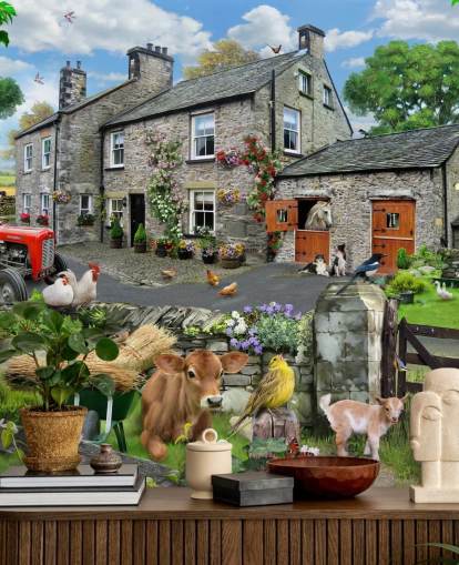 colorido mural de papel pintado de cabaña personalizable llamado Farmyard de Howard Robinson para residencias de ancianos