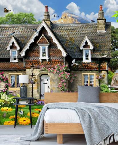 kleurrijk huisjesbehang op maat genaamd Hillside Cottage van Howard Robinson voor verzorgingstehuizen