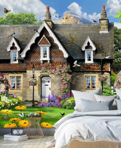 colourful custom cottage wallpaper called Hillside Cottage by Howard Robinson for care homes