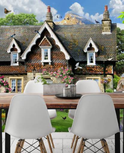 colourful custom cottage wallpaper called Hillside Cottage by Howard Robinson for care homes