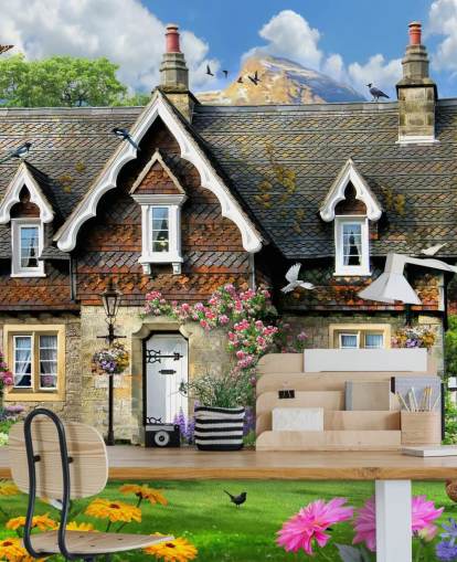 colourful custom cottage wallpaper called Hillside Cottage by Howard Robinson for care homes