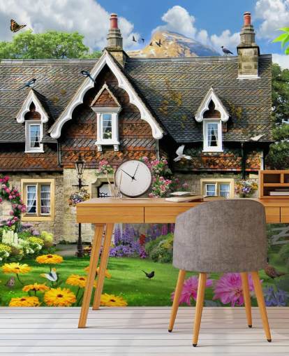 farbenfrohe individuelle Cottage-Tapete namens Hillside Cottage von Howard Robinson für Pflegeheime