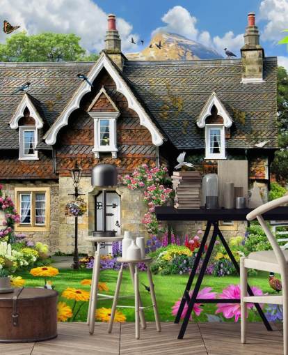 colorful custom cottage wallpaper called Hillside Cottage by Howard Robinson for care homes
