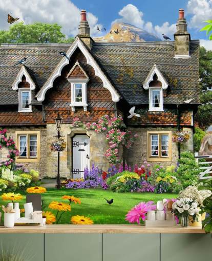 colorful custom cottage wallpaper called Hillside Cottage by Howard Robinson for care homes