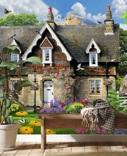 kleurrijk huisjesbehang op maat genaamd Hillside Cottage van Howard Robinson voor verzorgingstehuizen