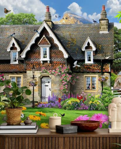 colorful custom cottage wallpaper called Hillside Cottage by Howard Robinson for care homes