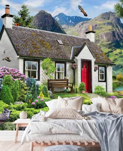 farverigt brugerdefineret sommerhustapet vægmaleri kaldet Lochside Cottage af Howard Robinson til plejehjem farverigt brugerdefineret sommerhustapet vægmaleri kaldet Lochside Cottage af Howard Robinson til plejehjem