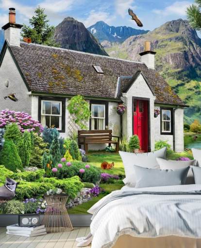 Buntes individuelles Cottage-Tapeten-Wandbild namens Lochside Cottage von Howard Robinson für Pflegeheime