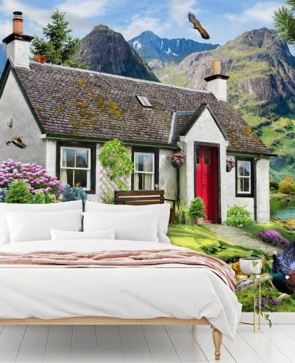 kleurrijke op maat gemaakte cottage-behangmuurschildering genaamd Lochside Cottage van Howard Robinson voor verzorgingstehuizen
