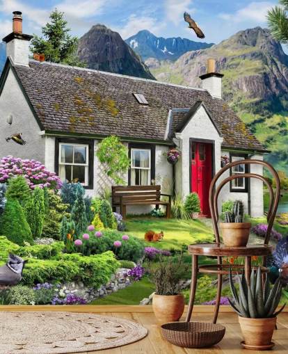 colorful custom cottage wallpaper mural called Lochside Cottage by Howard Robinson for care homes