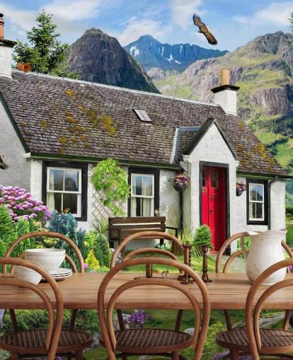 färgglad anpassad stuga tapetväggmålning som heter Lochside Cottage av Howard Robinson för vårdhem