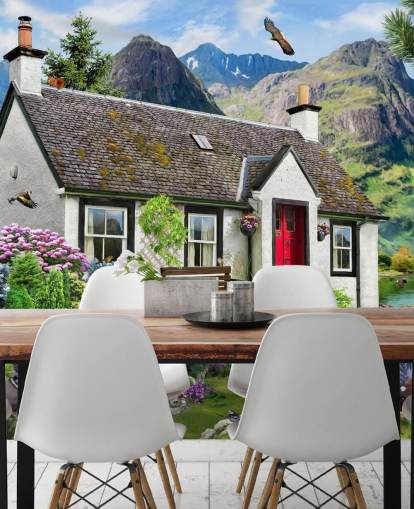 Buntes individuelles Cottage-Tapeten-Wandbild namens Lochside Cottage von Howard Robinson für Pflegeheime Buntes individuelles Cottage-Tapeten-Wandbild namens Lochside Cottage von Howard Robinson für Pflegeheime