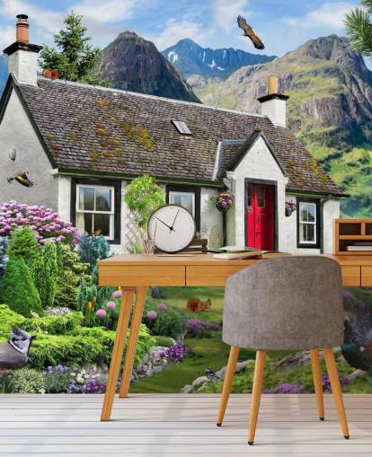 colorido mural de papel pintado personalizado llamado Lochside Cottage de Howard Robinson para residencias de ancianos colorido mural de papel pintado personalizado llamado Lochside Cottage de Howard Robinson para residencias de ancianos