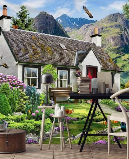 Buntes individuelles Cottage-Tapeten-Wandbild namens Lochside Cottage von Howard Robinson für Pflegeheime