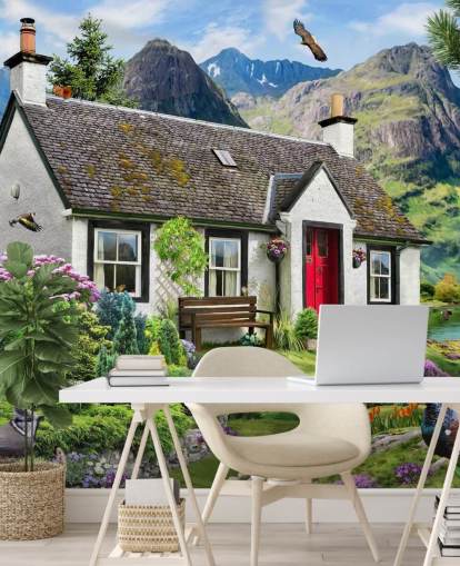 colorful custom cottage wallpaper mural called Lochside Cottage by Howard Robinson for care homes colorful custom cottage wallpaper mural called Lochside Cottage by Howard Robinson for care homes