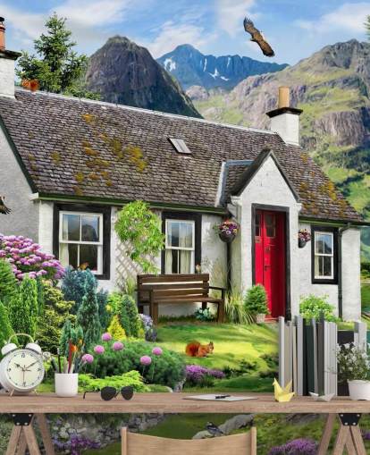 colorful custom cottage wallpaper mural called Lochside Cottage by Howard Robinson for care homes