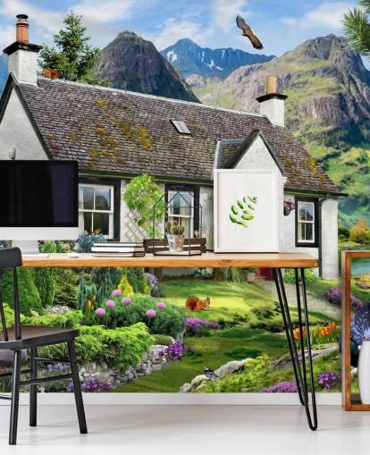 colourful custom cottage wallpaper mural called Lochside Cottage by Howard Robinson for care homes