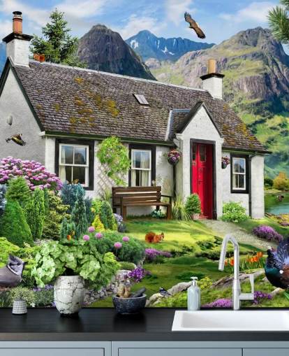 Buntes individuelles Cottage-Tapeten-Wandbild namens Lochside Cottage von Howard Robinson für Pflegeheime