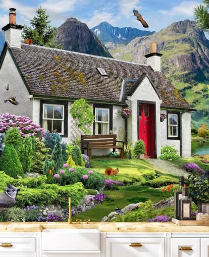 colorful custom cottage wallpaper mural called Lochside Cottage by Howard Robinson for care homes