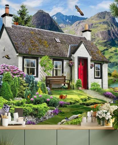 colorful custom cottage wallpaper mural called Lochside Cottage by Howard Robinson for care homes