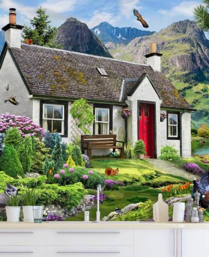 colorful custom cottage wallpaper mural called Lochside Cottage by Howard Robinson for care homes