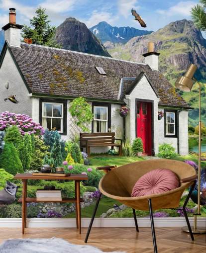 colorful custom cottage wallpaper mural called Lochside Cottage by Howard Robinson for care homes
