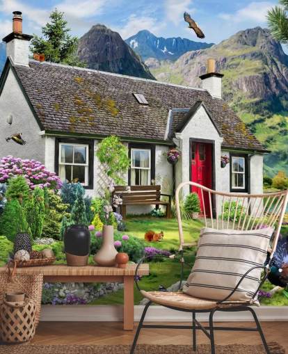 colorful custom cottage wallpaper mural called Lochside Cottage by Howard Robinson for care homes