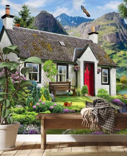 colorido mural de papel pintado personalizado llamado Lochside Cottage de Howard Robinson para residencias de ancianos