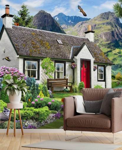farverigt brugerdefineret sommerhustapet vægmaleri kaldet Lochside Cottage af Howard Robinson til plejehjem farverigt brugerdefineret sommerhustapet vægmaleri kaldet Lochside Cottage af Howard Robinson til plejehjem