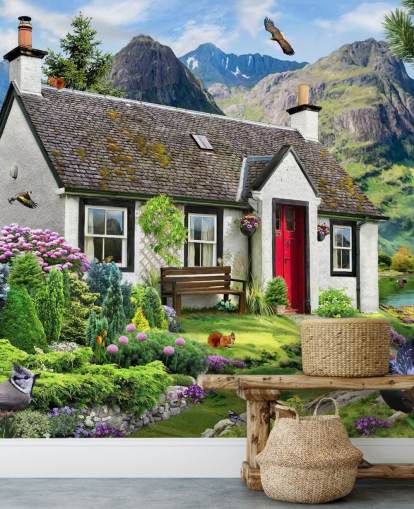 colorful custom cottage wallpaper mural called Lochside Cottage by Howard Robinson for care homes