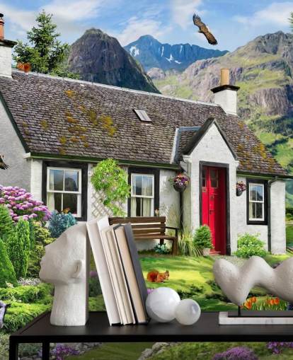 colourful custom cottage wallpaper mural called Lochside Cottage by Howard Robinson for care homes