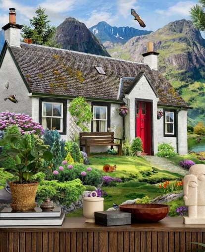 colorido mural de papel pintado personalizado llamado Lochside Cottage de Howard Robinson para residencias de ancianos