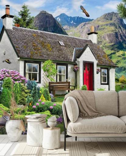 colourful custom cottage wallpaper mural called Lochside Cottage by Howard Robinson for care homes