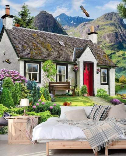 colorful custom cottage wallpaper mural called Lochside Cottage by Howard Robinson for care homes
